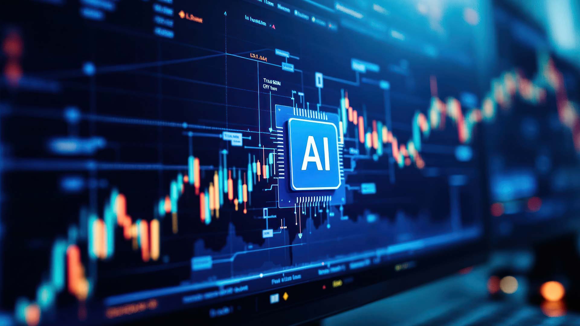 Chip und Künstliche Intelligenz, im Hintergrund wechselnde Kurse